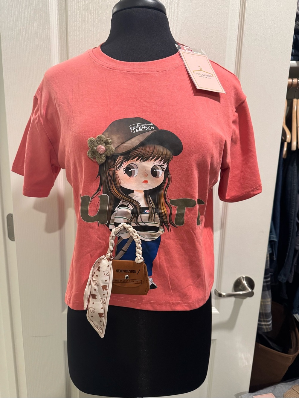 Coral Crop Top Graphic Tee with Doll Print, Embroidered flower and bag w/ scarf.